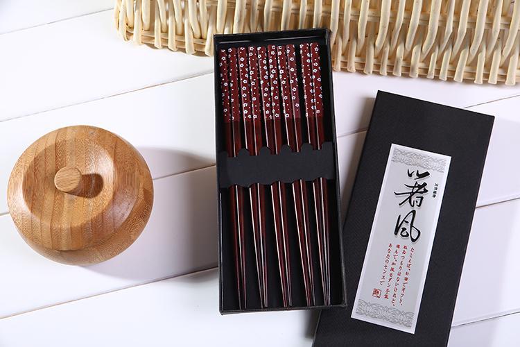 Japanese Chopsticks Wood Set Giftbox 5 Pair Brown Flowers