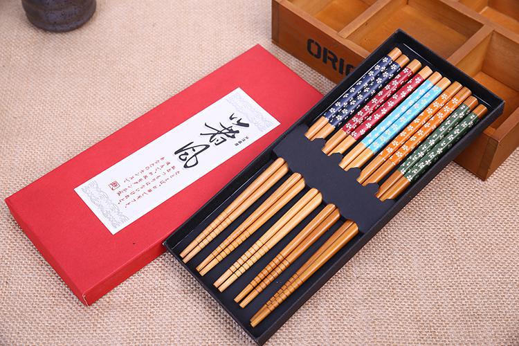 Japanese Chopsticks Wood Set Giftbox 5 Pair Colored Flowers