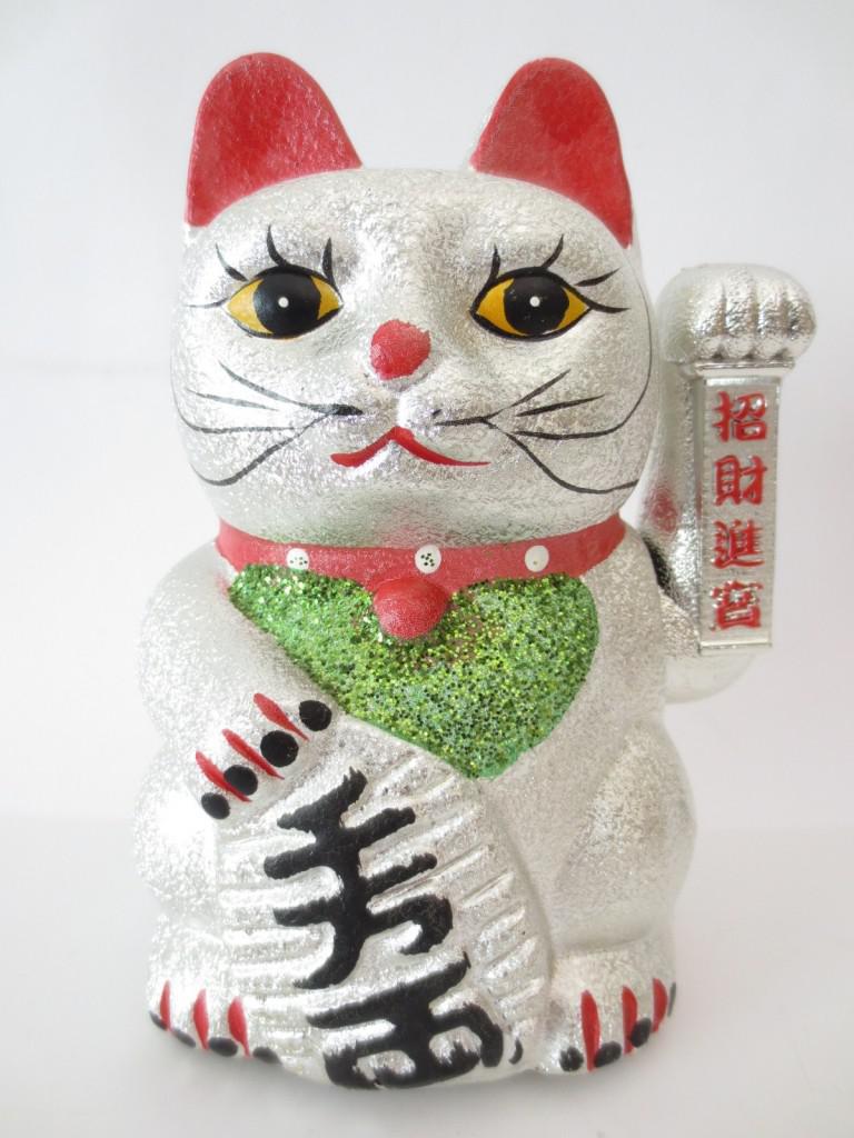 Lucky Cat Maneki Neko Glitter Silver Large