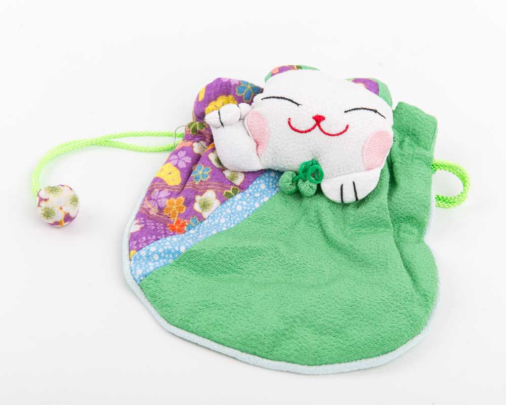 Lucky Cat Maneki Neko Pouch Kimono Green