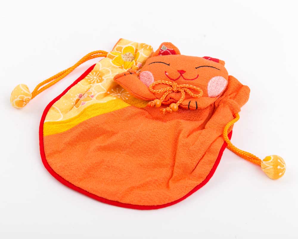 Lucky Cat Maneki Neko Pouch Kimono Orange