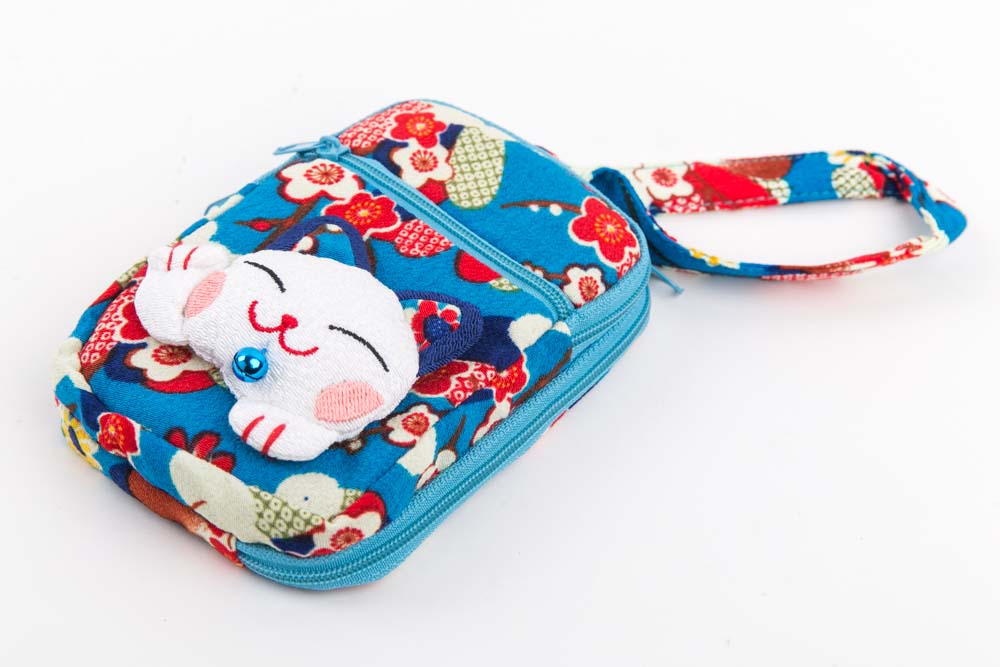 Lucky Cat Maneki Neko Wallet Kimono Blue